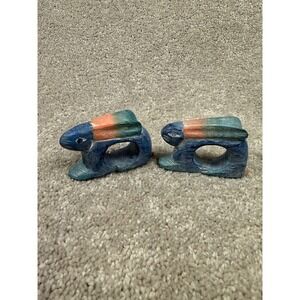 Vintage Hand Carved Rabbit Napkin Rings Set of 2 Blue Teal Coral Bunny